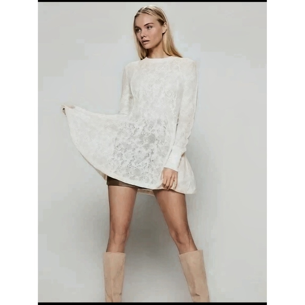 Free People Coffee In The Morning Lace Tunic Mini Dress Cream Coquette sz Small